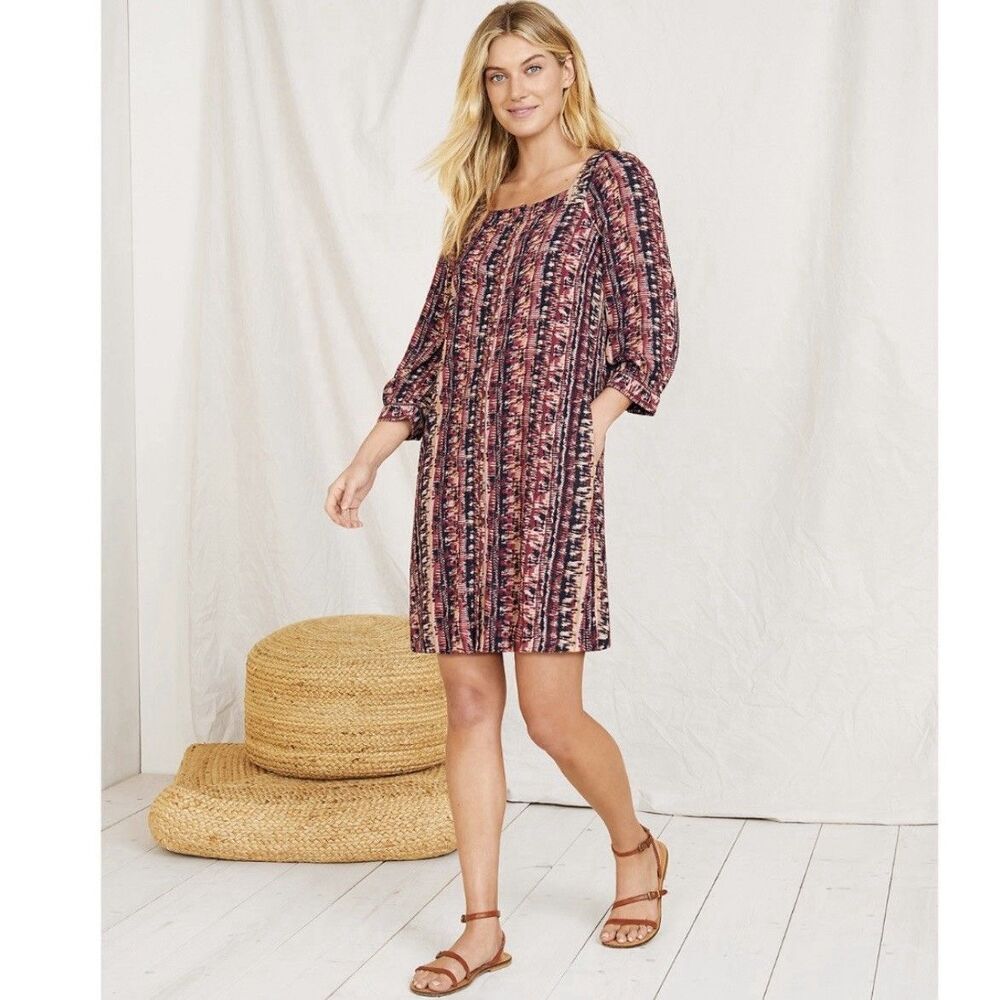 Garnet Hill Dress Womens Medium Colorful Print Lined Mini Dress Red Boho Pockets